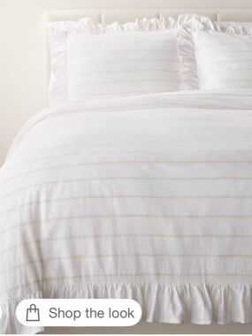 Studio McGee White Duvet Cover with Subtle Tan Stripe and Ruffle Edge